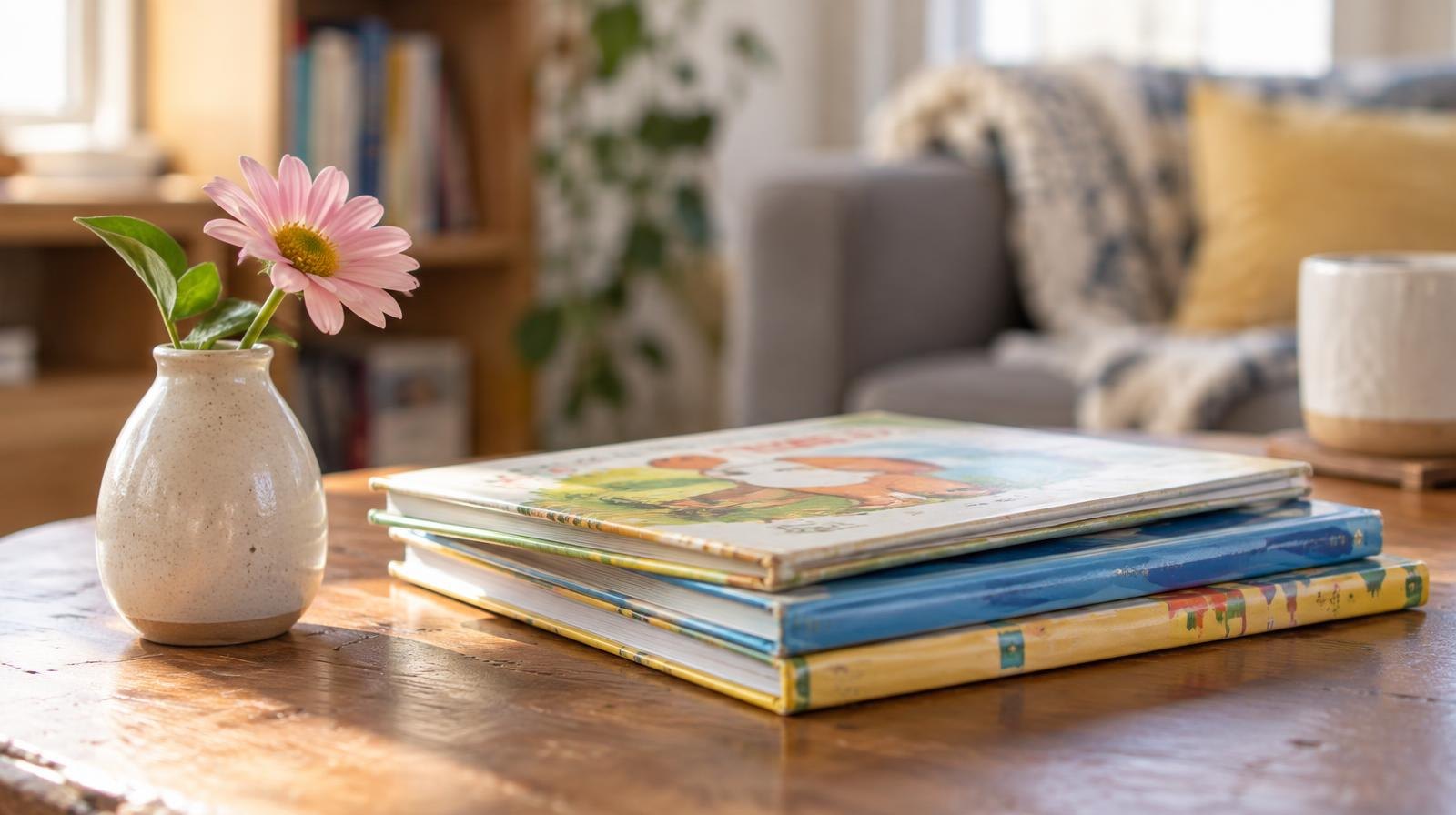 A small stack of colorful children's picture books on a wooden table beside a flower in a vase.