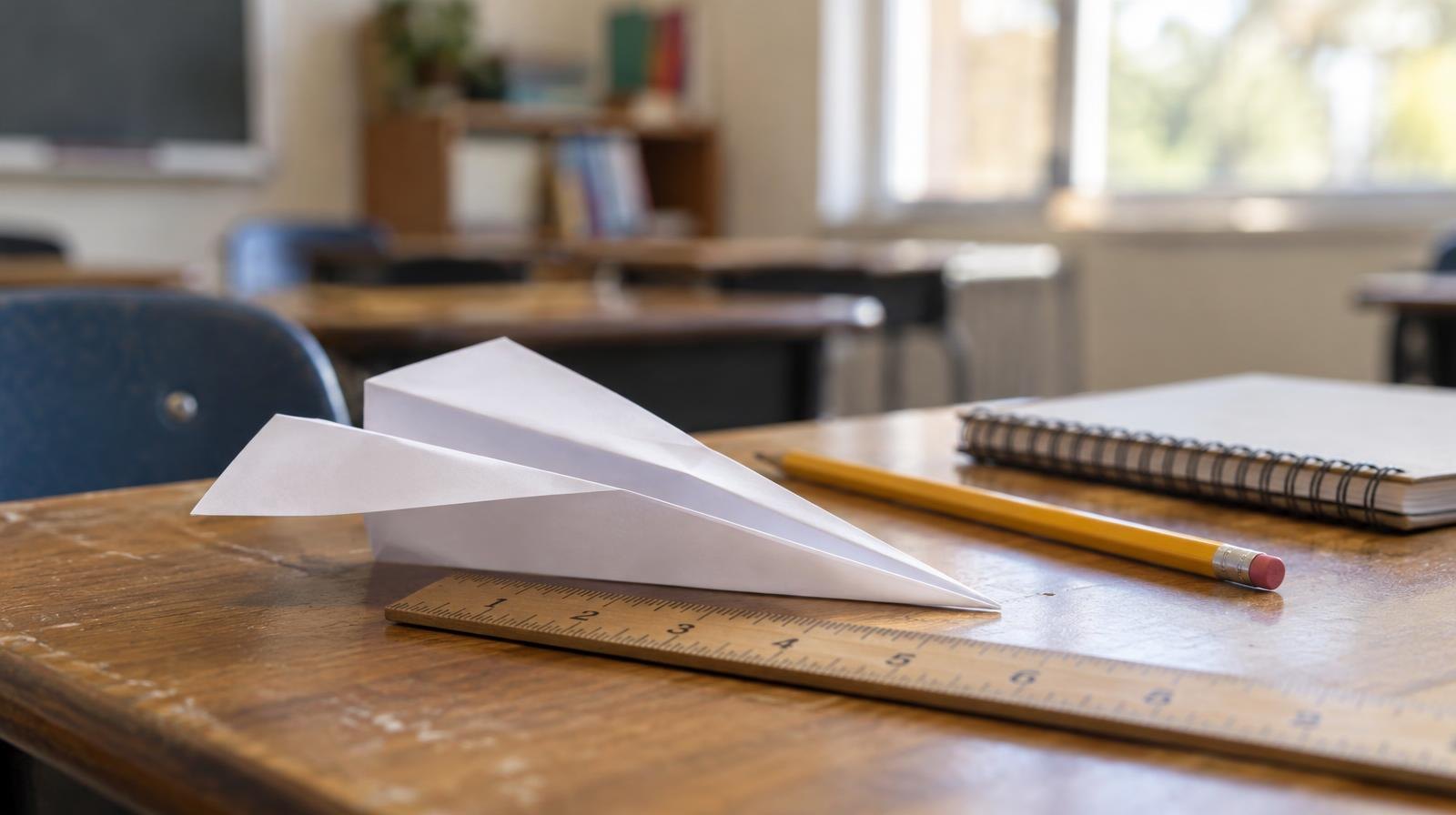 A white paper airplane on a wooden ruler next to a pencil and notebook.