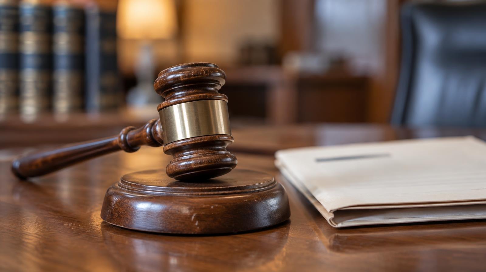 Wooden gavel resting on its sound block beside a folded document on a desk.