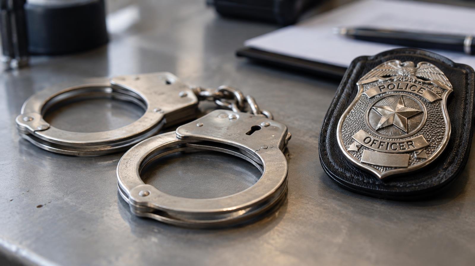 Silver handcuffs resting on a surface next to a police badge.