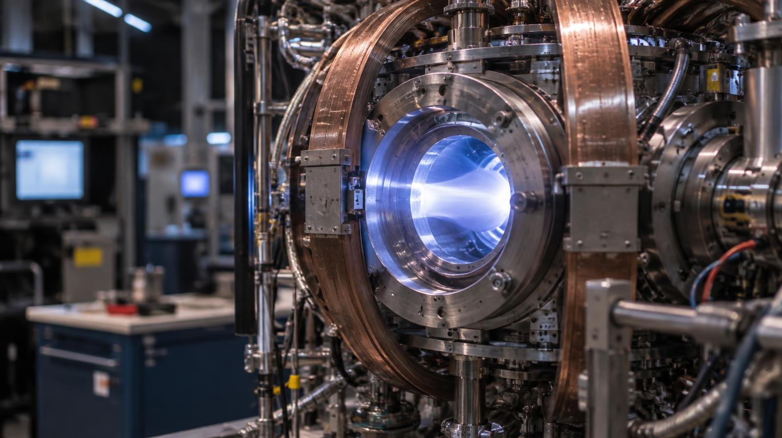 Glowing plasma containment ring inside a compact fusion device with metallic coils.