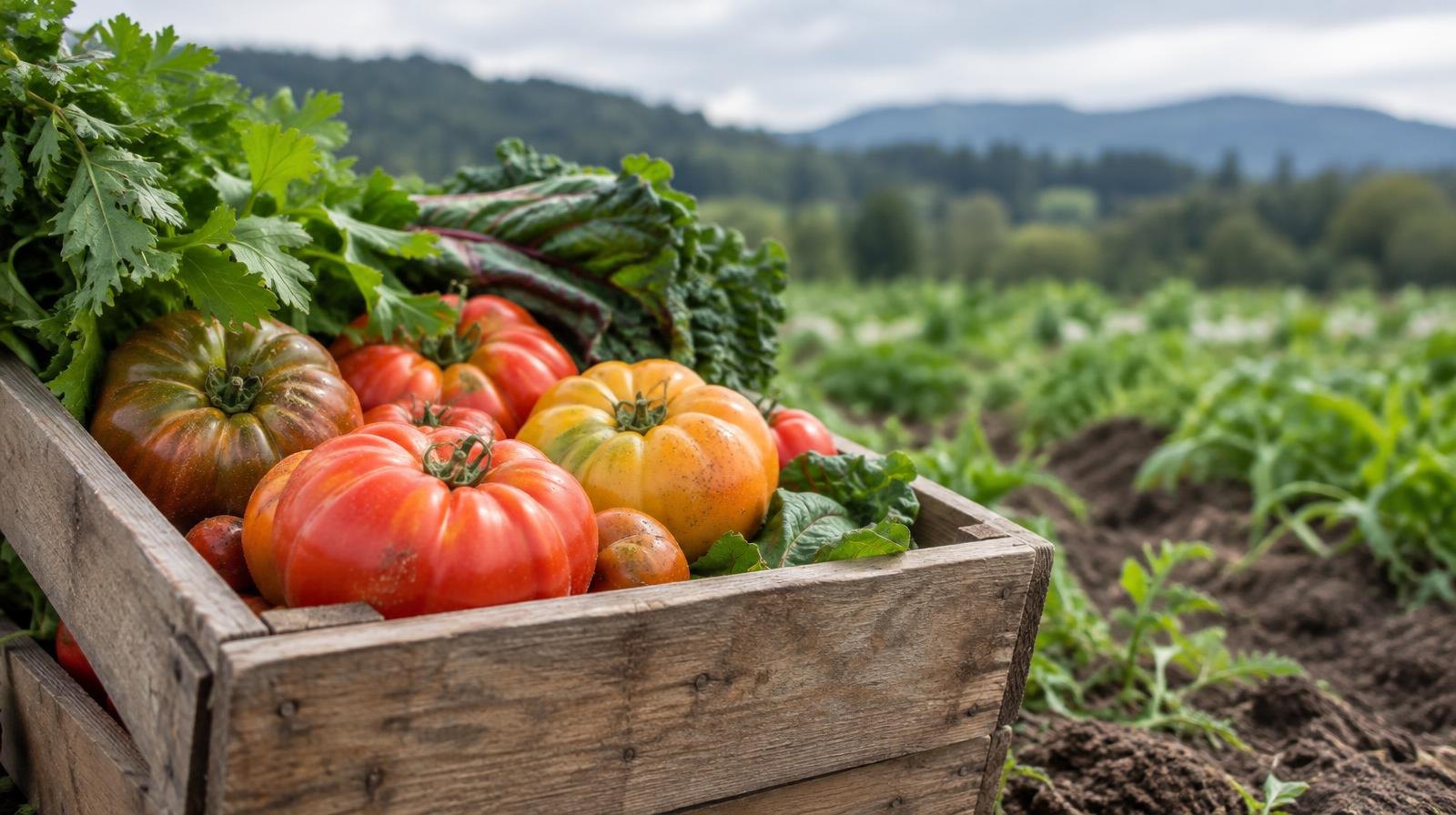 A wooden crate filled with colorful heirloom tomatoes and leafy greens on a farm row.