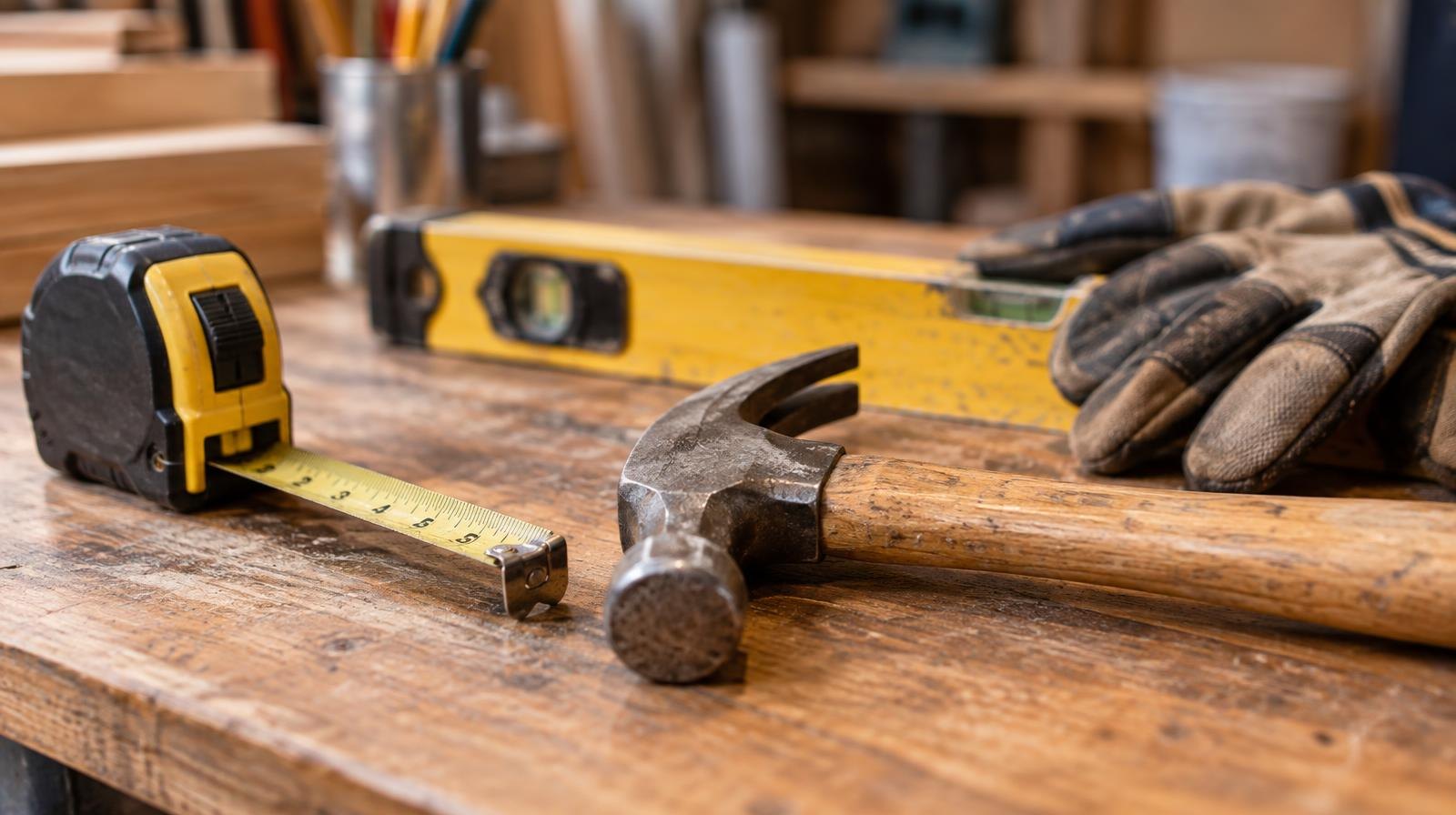 Hammer, measuring tape, level, and work gloves on a wooden workbench.