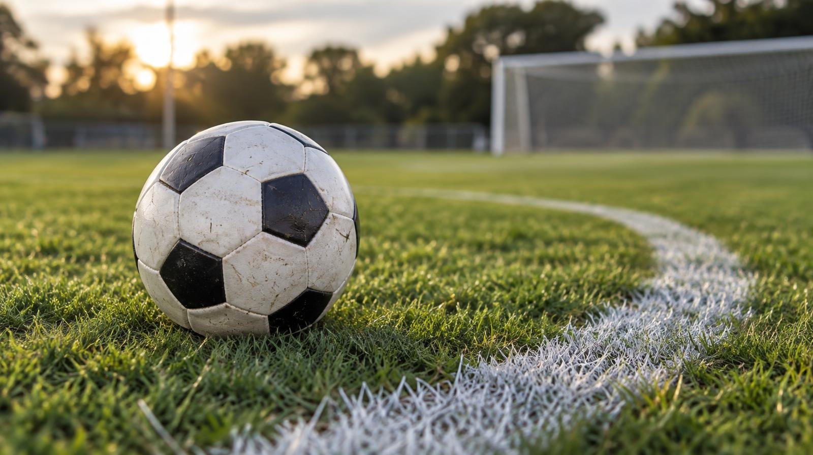 A black-and-white soccer ball resting on a grass field near a white painted arc.