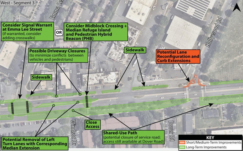 Aerial planning map of Route 29 with color-coded labels showing proposed sidewalk, bike path, and intersection improvements.