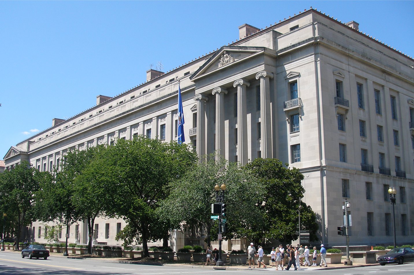 Exterior facade of the U.S. Department of Justice headquarters building.