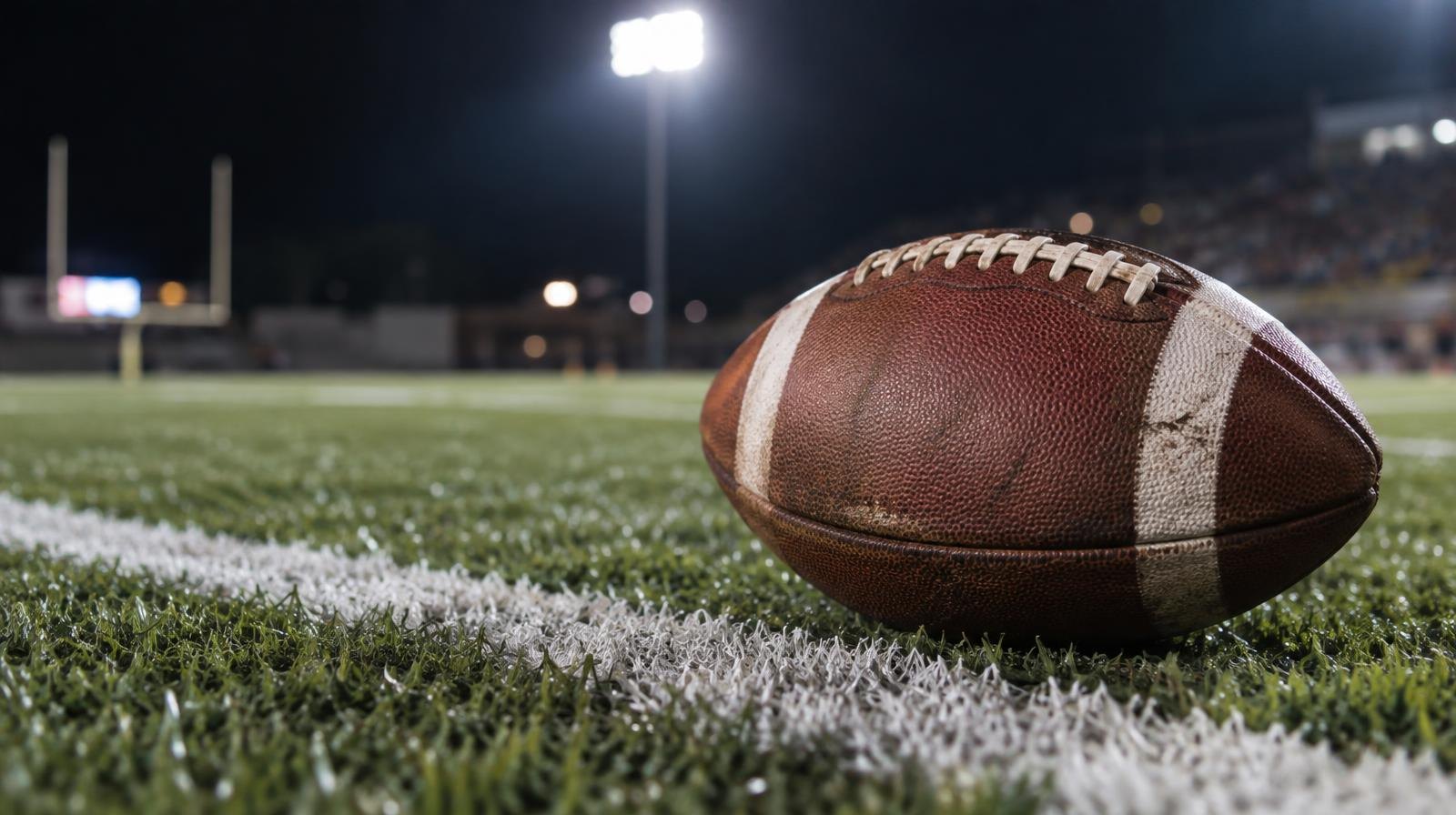 An American football on green turf beside a white yard line under bright stadium lights.