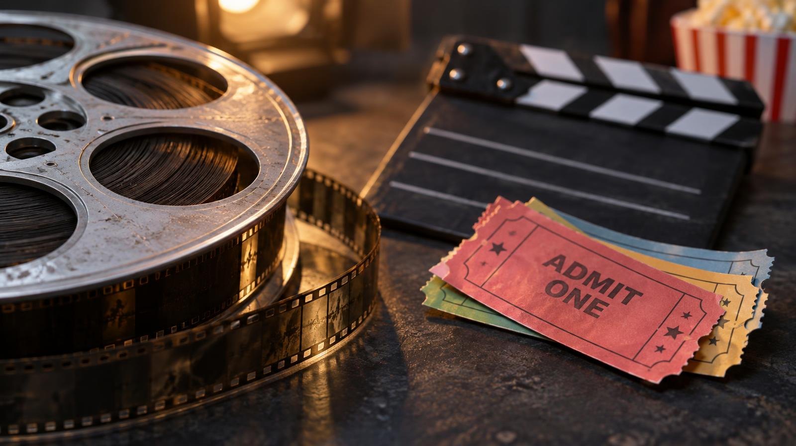 A film reel, colorful cinema tickets, and a small clapperboard on a dark surface.