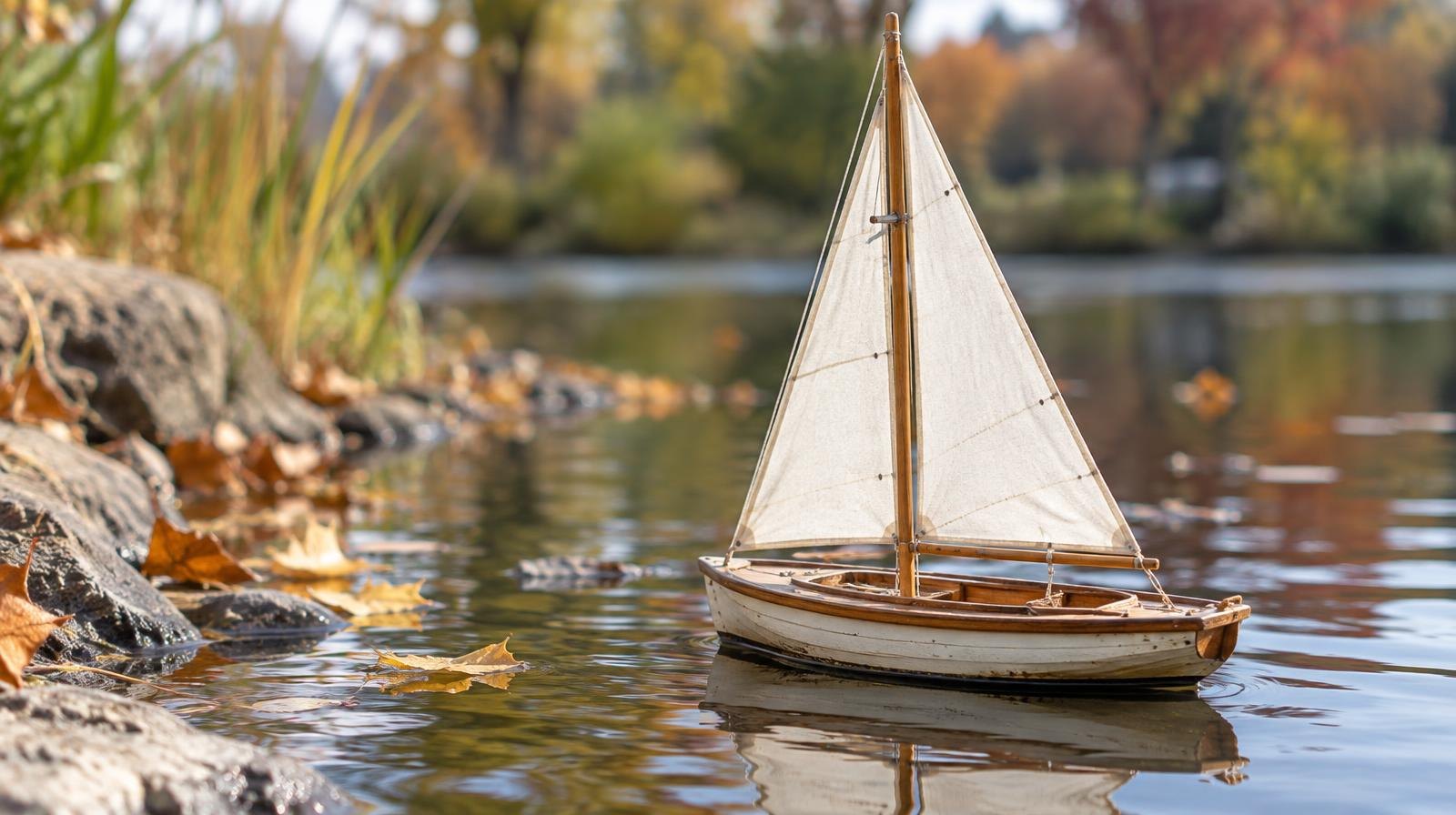 A small wooden model sailboat with white sails floating on still water.