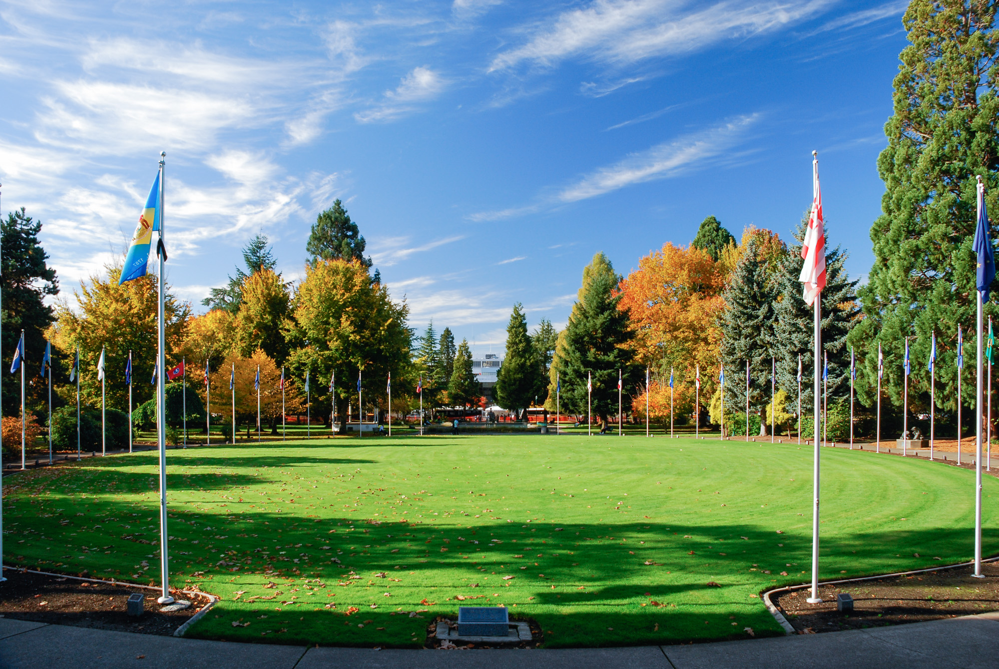 Rows of flagpoles with flags flying along a curved lawn near a state capitol building.