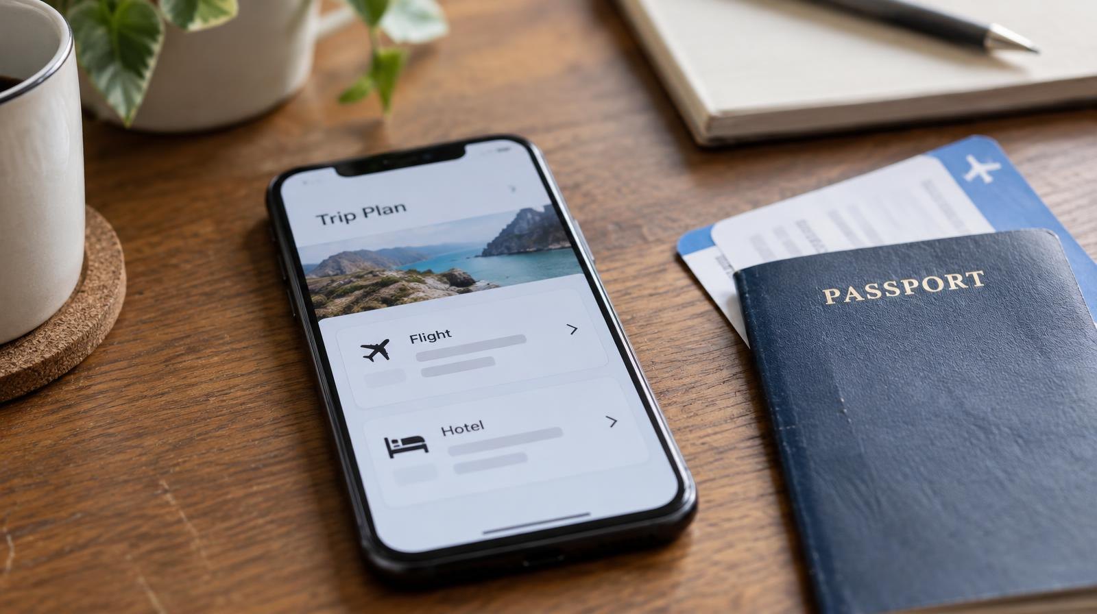 Smartphone with travel app on a desk beside a passport and boarding pass.
