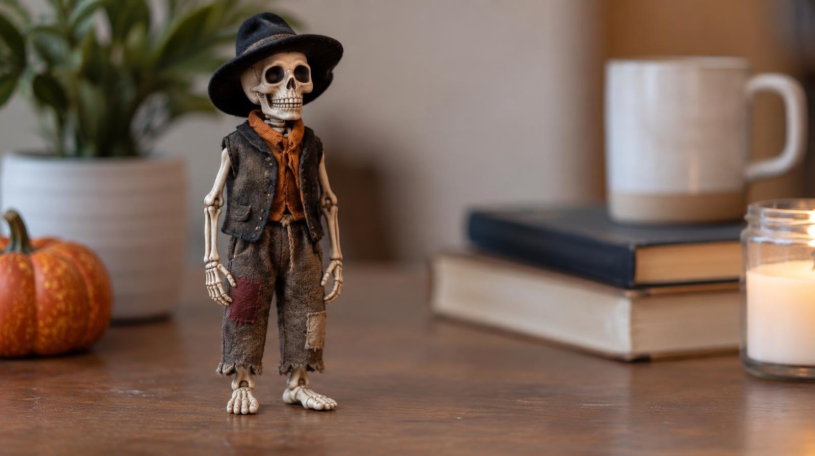A small plastic skeleton wearing a tiny handmade fabric costume, standing upright.