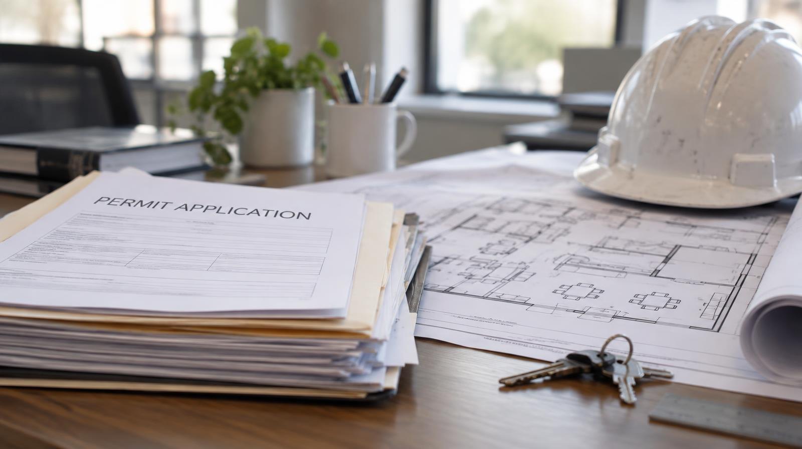 Permit folders, blueprints, a hard hat, and keys arranged on a desk.