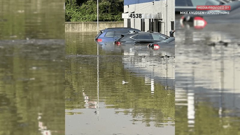 Several cars submerged hood-deep in brown floodwater on a commercial street.