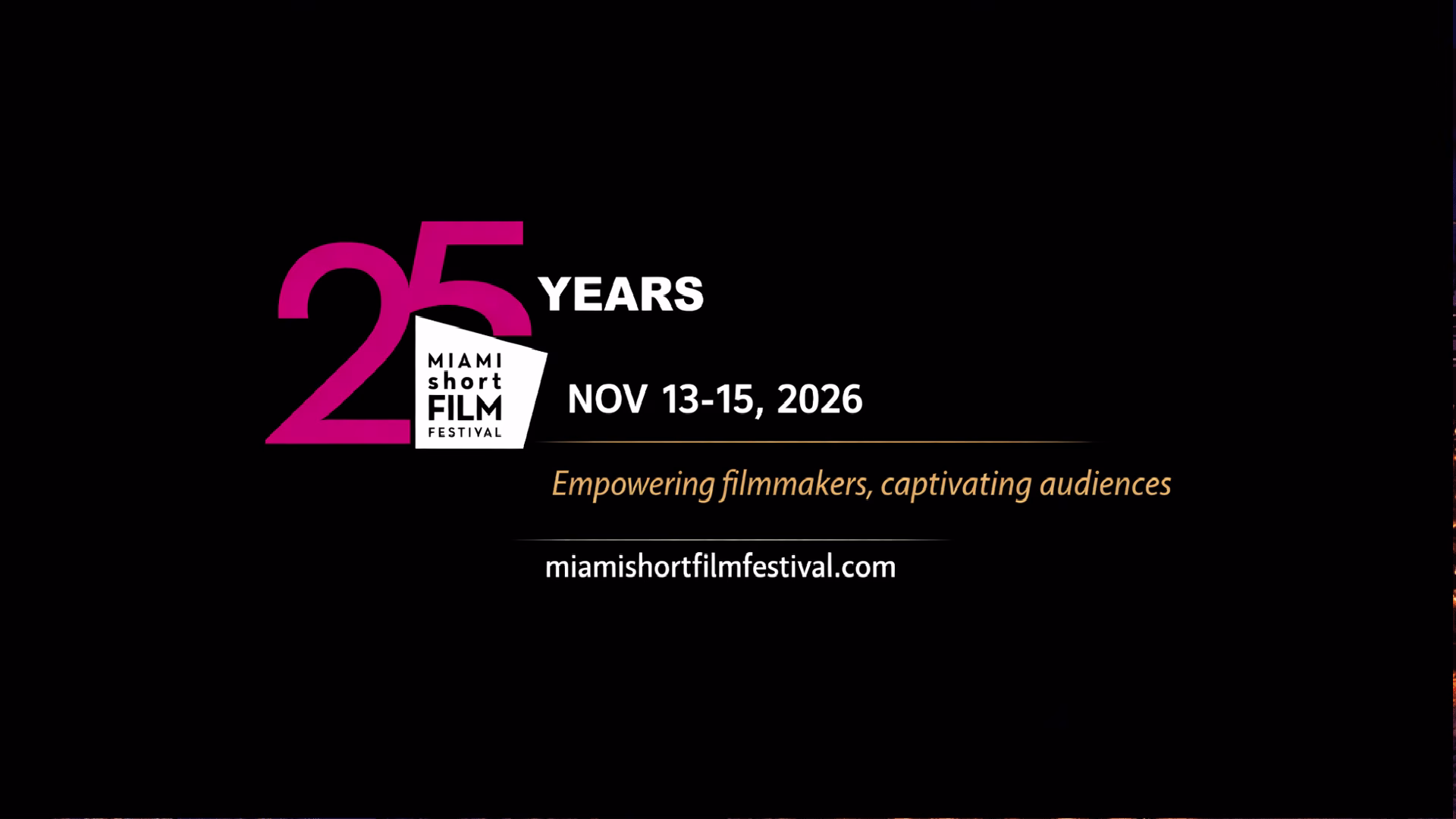 Official graphic celebrating 25 years of the Miami Short Film Festival, Nov. 13–15, 2026.