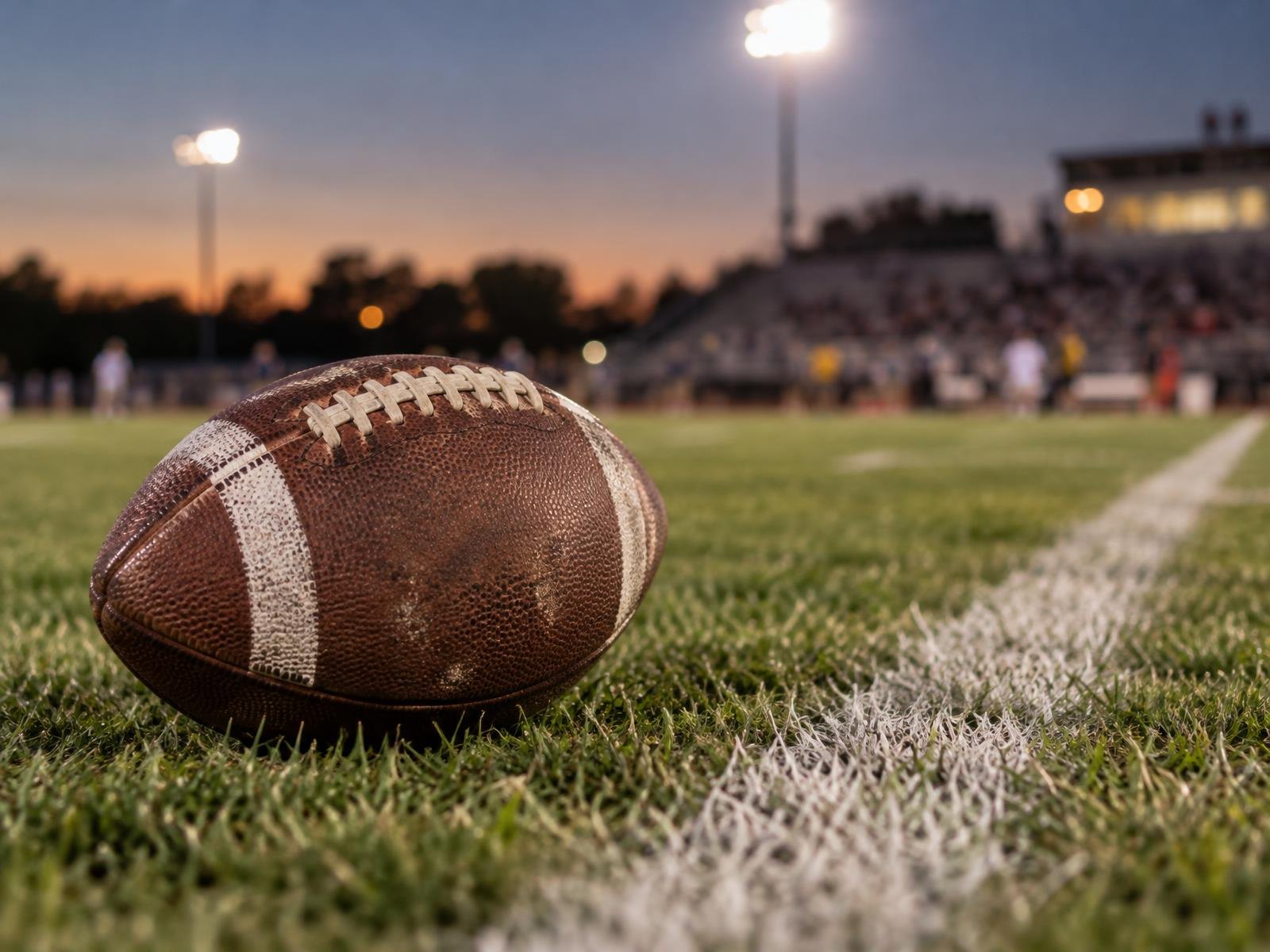 An American football resting on green grass beside a white painted yard line.