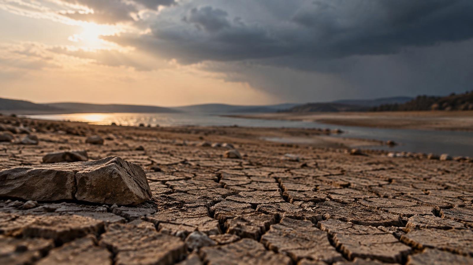 Cracked dry lakebed under a hazy sky with dark storm clouds approaching.
