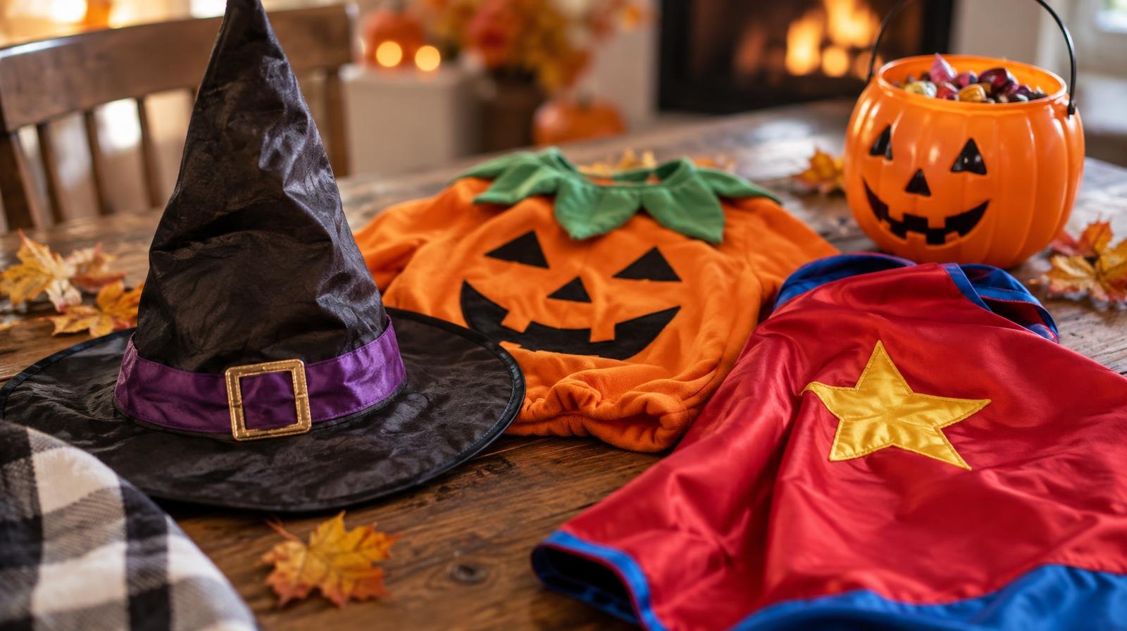 Colorful Halloween costumes and a jack-o'-lantern candy bucket arranged on a wooden surface.