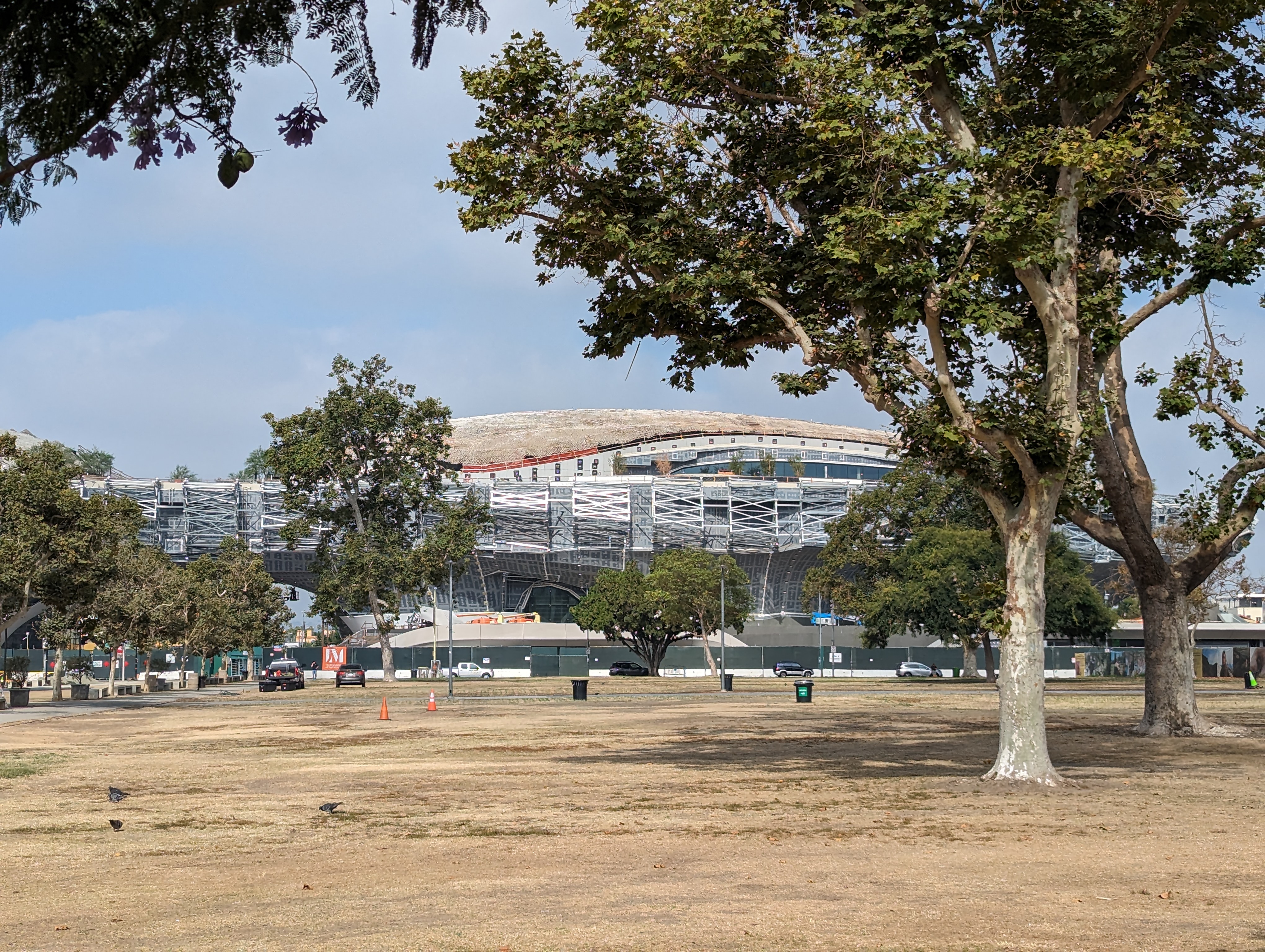 Large curved museum building under construction, surrounded by scaffolding and park trees