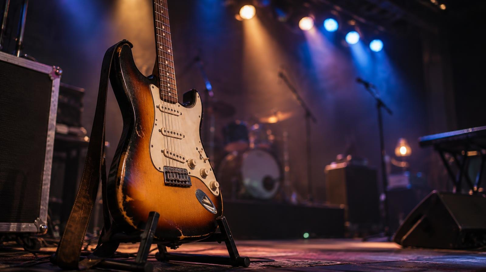 Electric guitar on a stand bathed in colorful concert stage lighting.