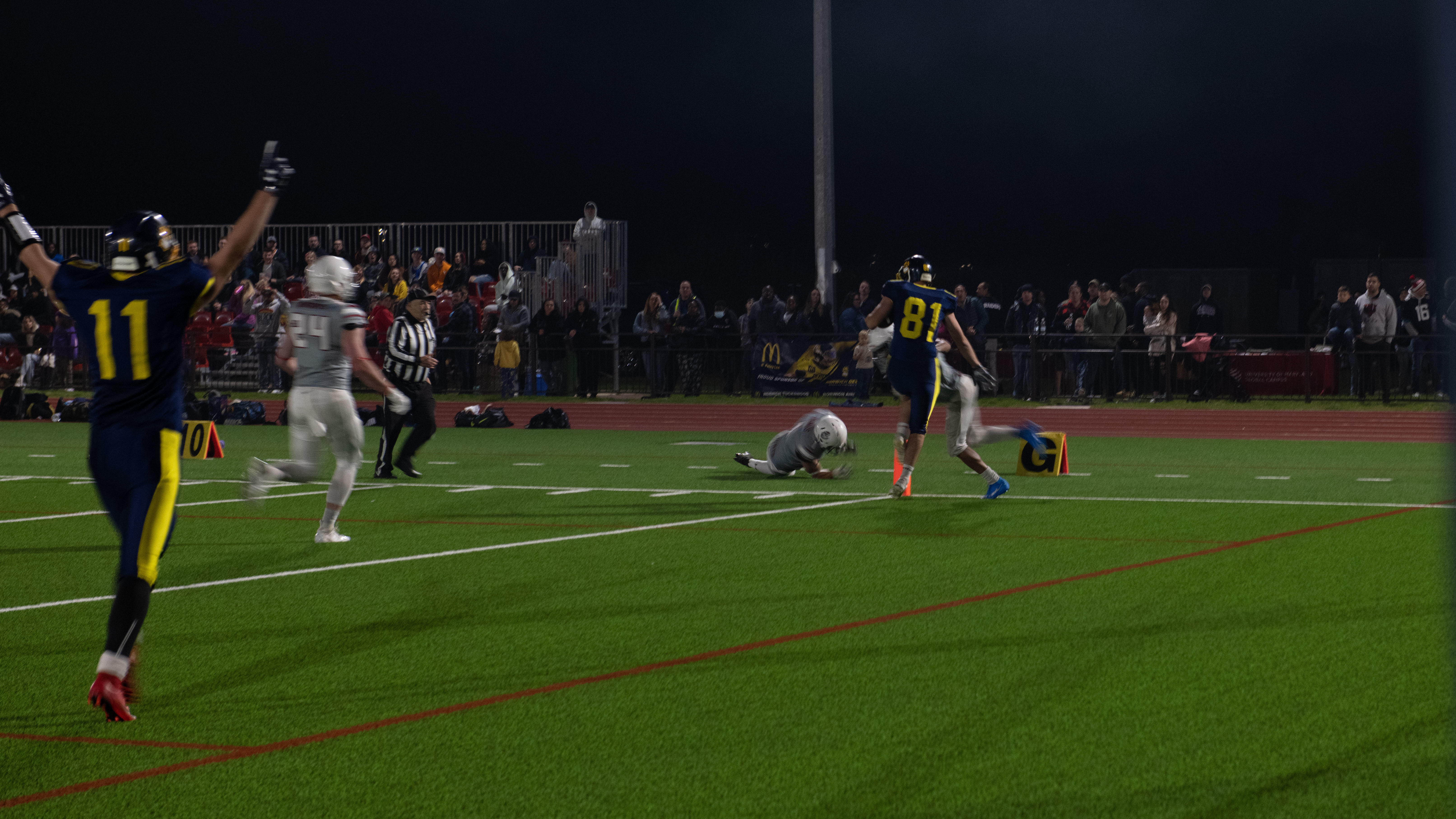Football players on a lit turf field at night, one player raising both arms near an end zone pylon.
