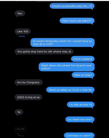 Screenshot of a text message conversation discussing a babysitting job, payment, and a Southeast D.C. address.