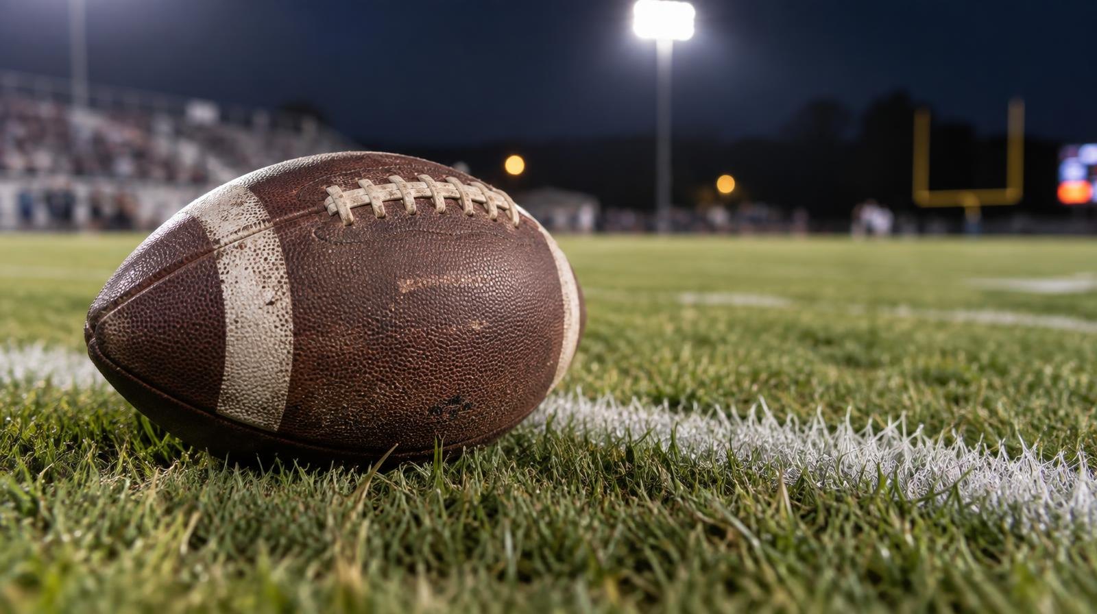 An American football resting on green grass near a white yard line under stadium lights.