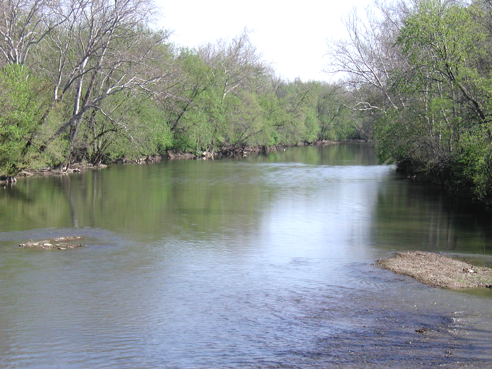 A wide, calm river flows between tree-lined banks with gravel bars near the shore.