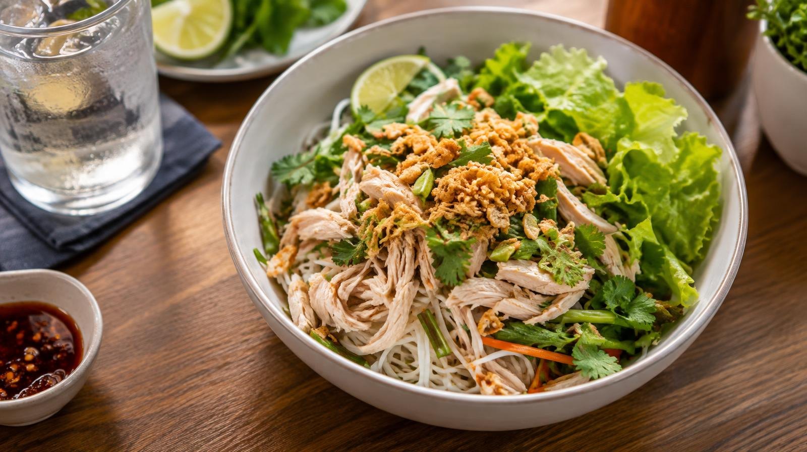 Overhead view of a bowl of Thai noodles with shredded chicken, lettuce, and crispy toppings.