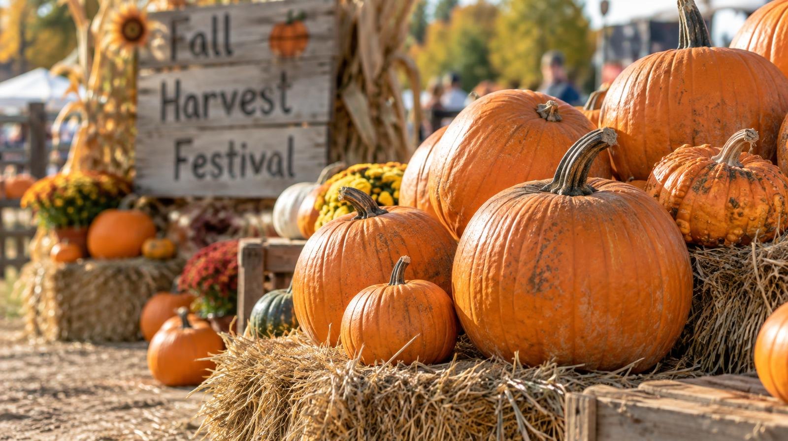 Colorful orange pumpkins of various sizes arranged on hay bales outdoors.