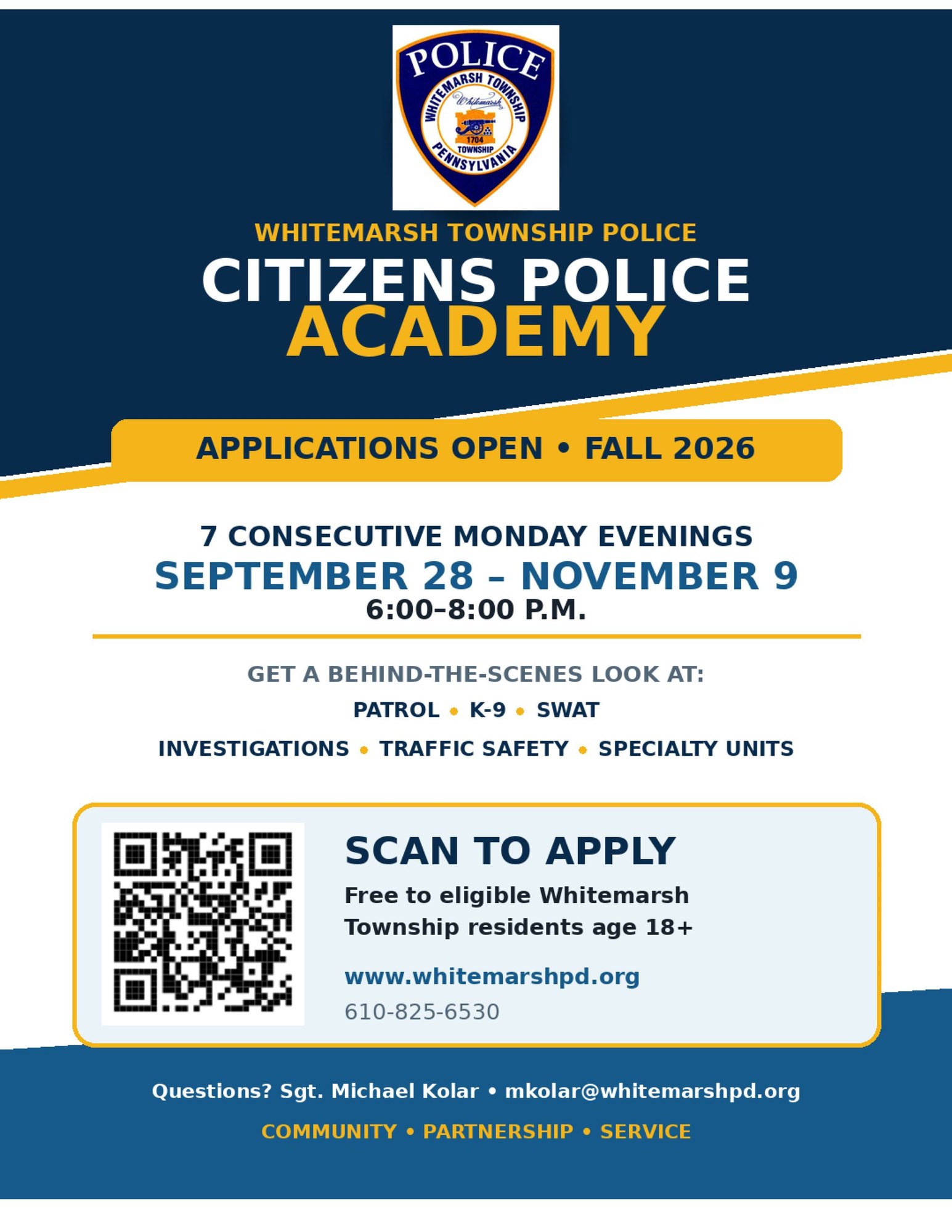 Promotional flyer for the Whitemarsh Township Police Citizens Police Academy with program dates and topics listed.