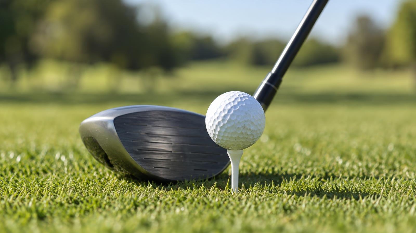 A golf ball on a white tee with a club head behind it.