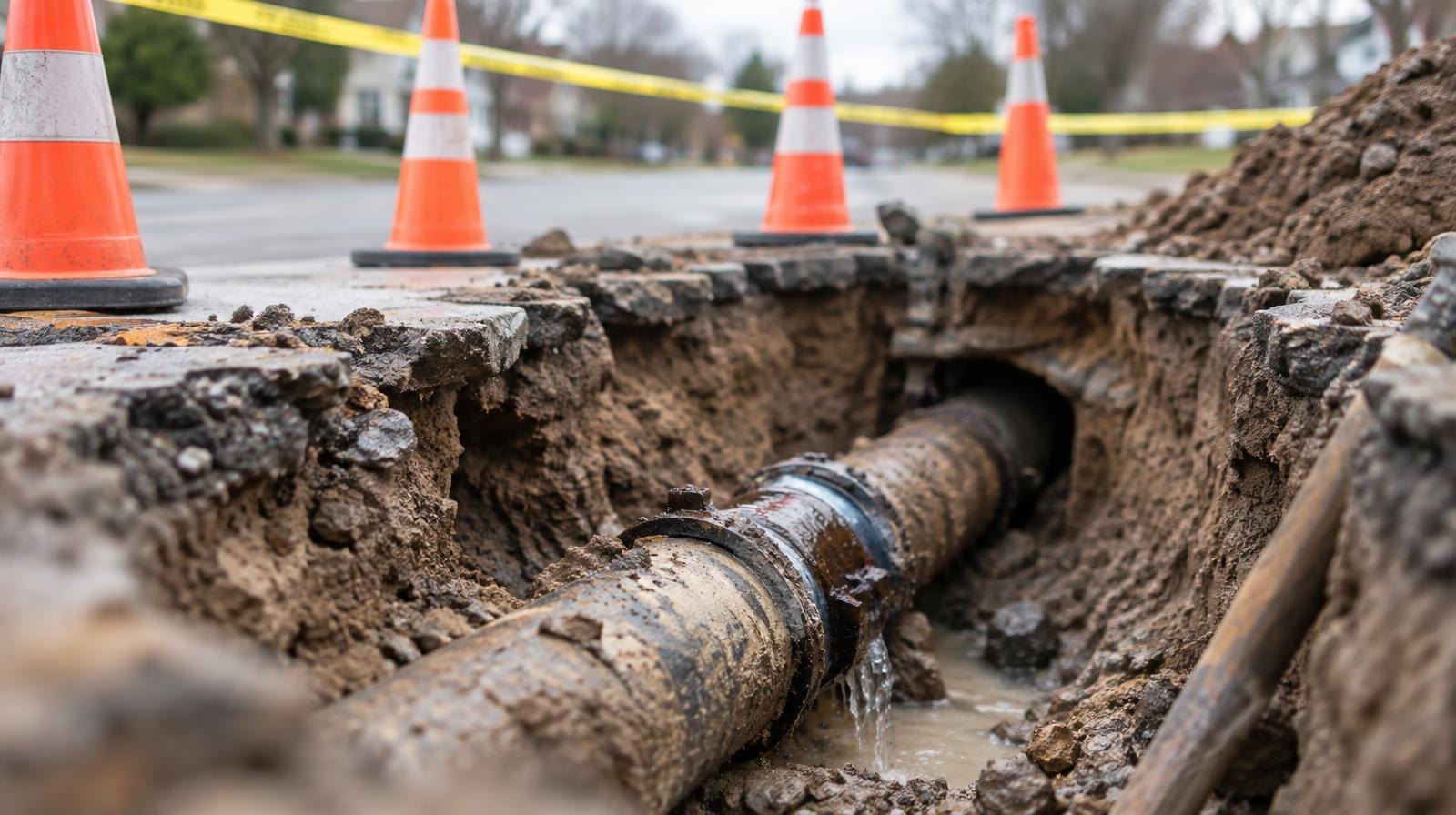 Open street trench exposing a water pipe with orange safety cones and caution tape.