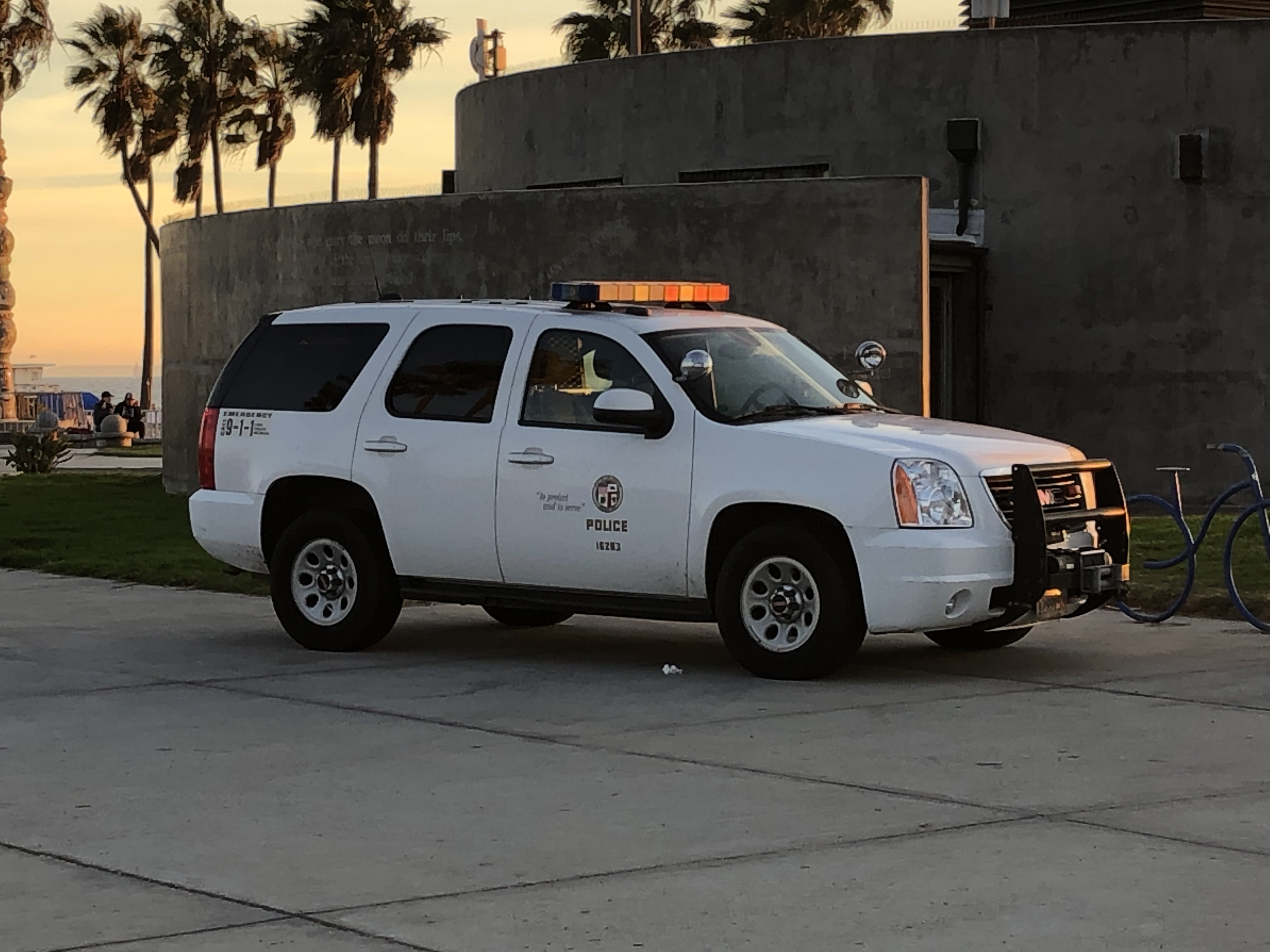 White LAPD police SUV with roof-mounted light bar parked near palm trees.