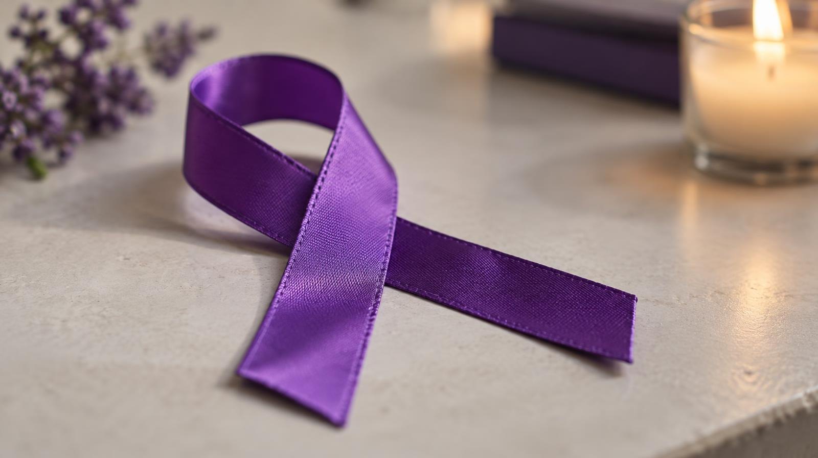 A purple awareness ribbon resting on a plain surface under soft lighting.