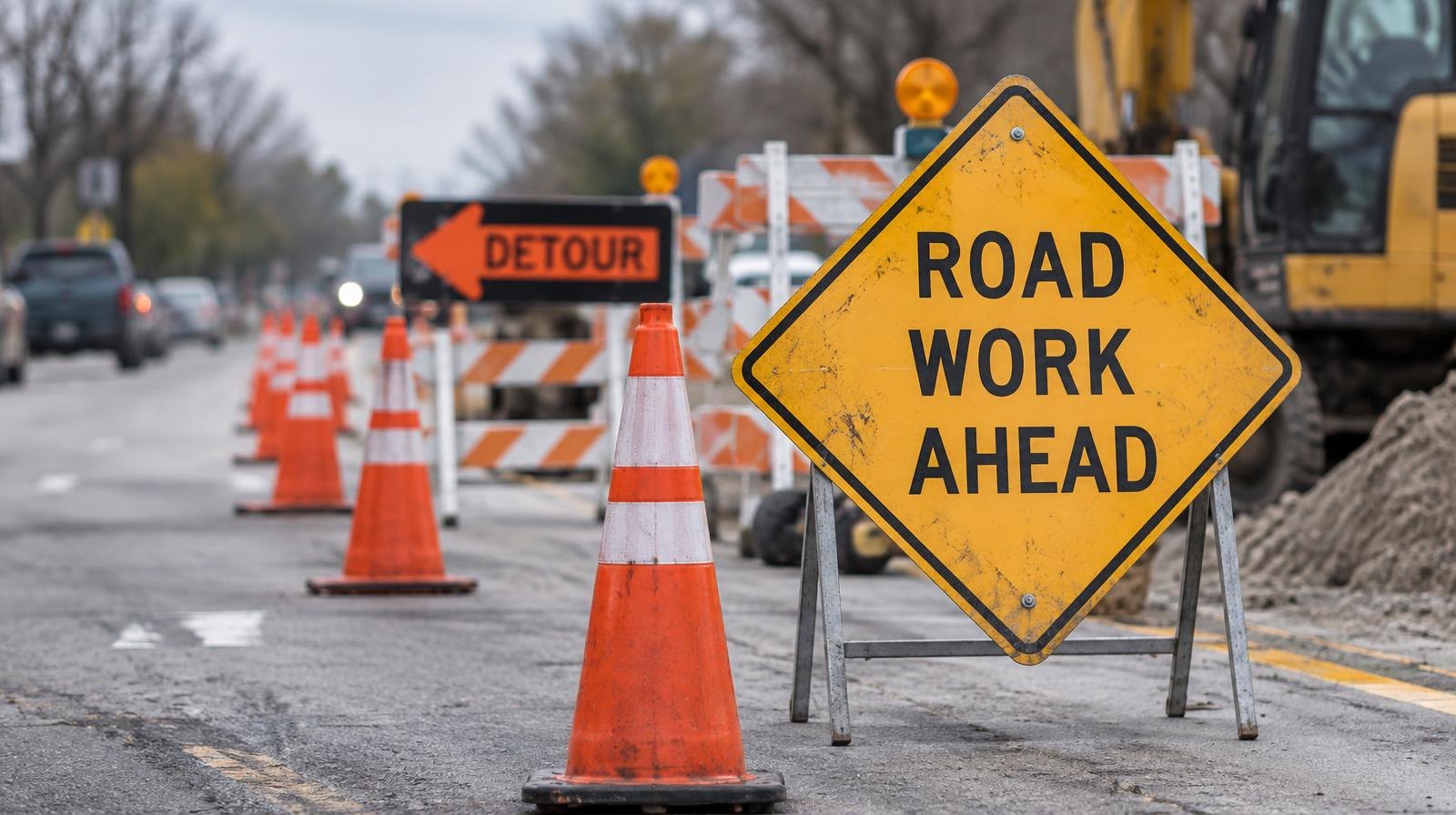 Orange traffic cones and a road work ahead sign along a closed suburban street lane.