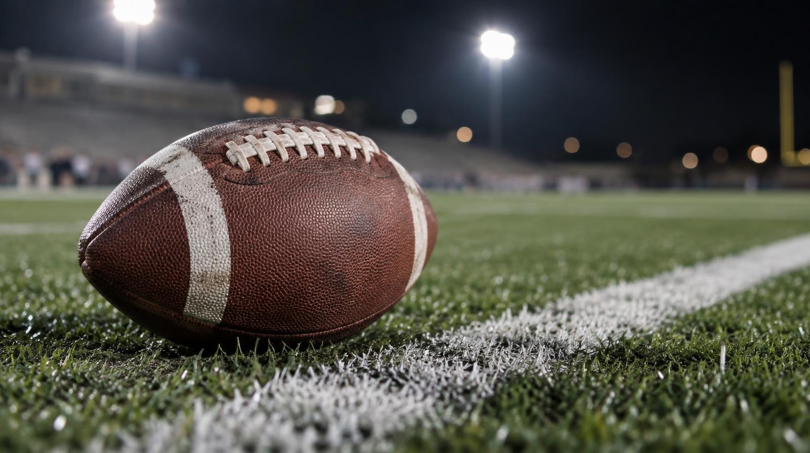 An American football on green turf beside a white yard line under bright stadium lights.