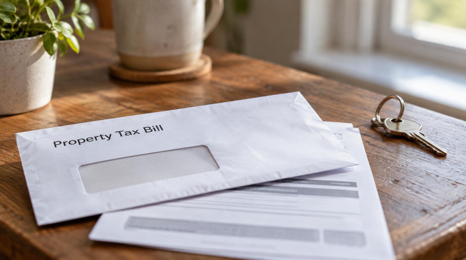 Property tax bill envelope and statement on a wooden table beside a house key.