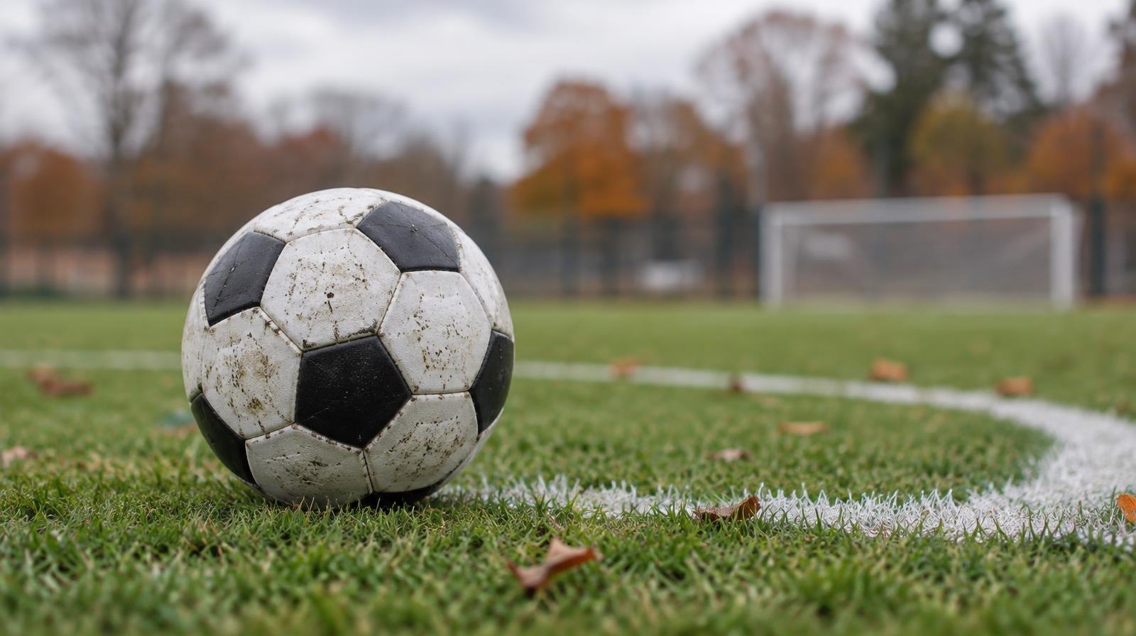 A black-and-white soccer ball resting on short green grass near a field's center circle.