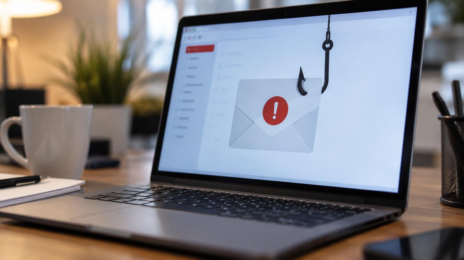Laptop computer on a desk showing an email warning alert on screen.