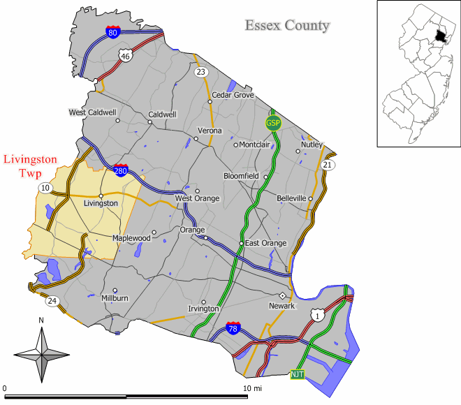 Map of Essex County with Livingston Township highlighted in yellow.