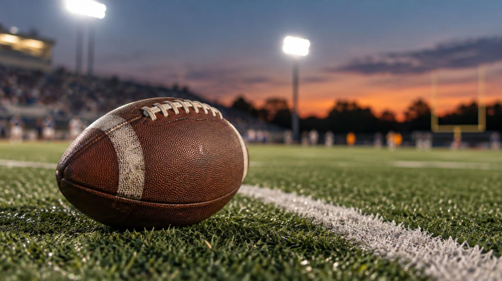 An American football resting on green artificial turf beside a white yard line.