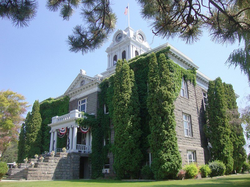 Stone government building covered in ivy with a white columned entrance and American flag on a cupola.