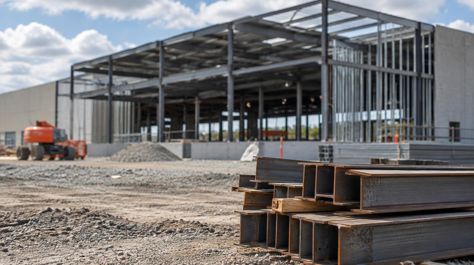 Steel-framed big-box retail building under construction on a cleared gravel lot.