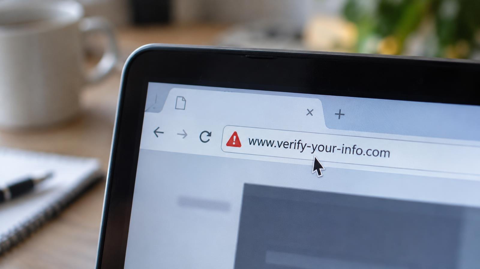 A computer cursor hovers over a web browser address bar on a laptop screen.