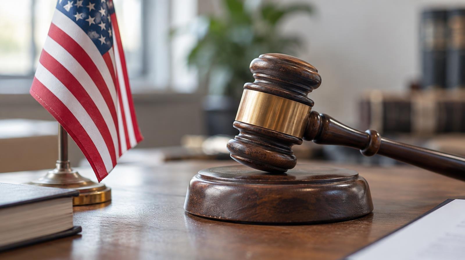 Wooden gavel on its sound block next to a small American flag.