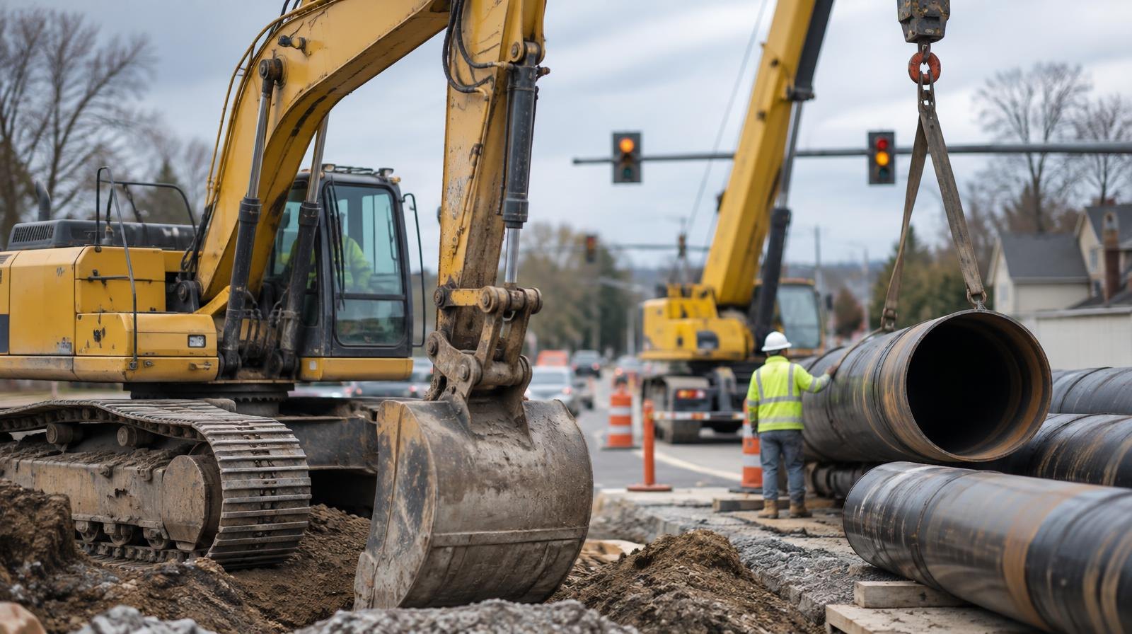 Yellow excavator and crane beside stacked steel pipe segments at a road intersection.