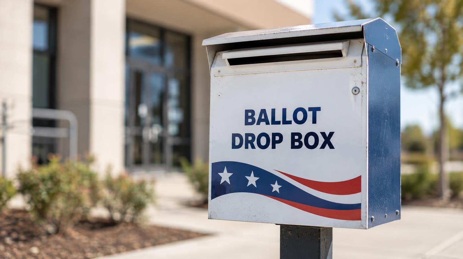 A metal ballot drop box mounted on a post outdoors under a clear sky.