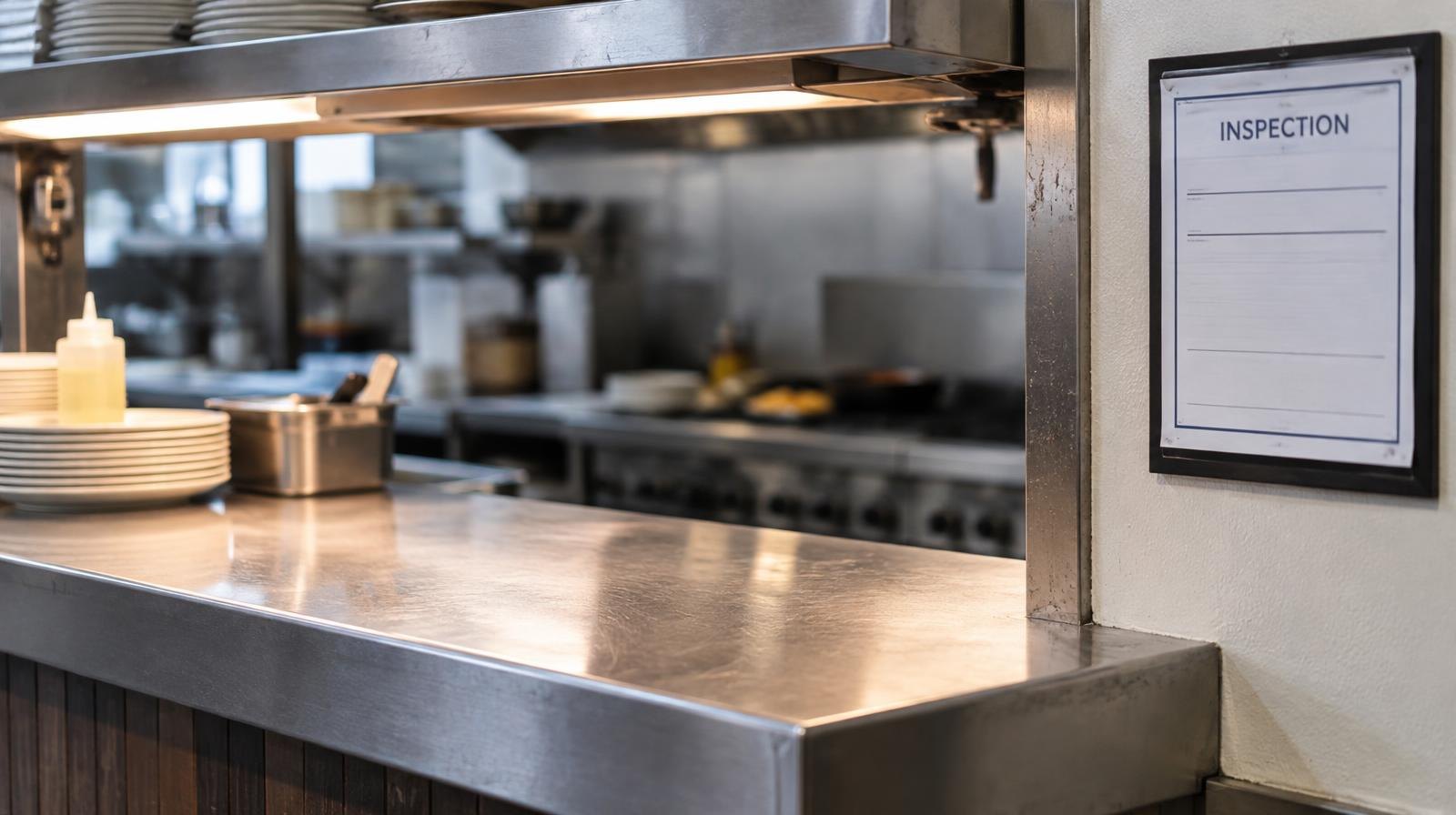 Clean stainless steel kitchen pass-through counter with an inspection certificate on the wall.