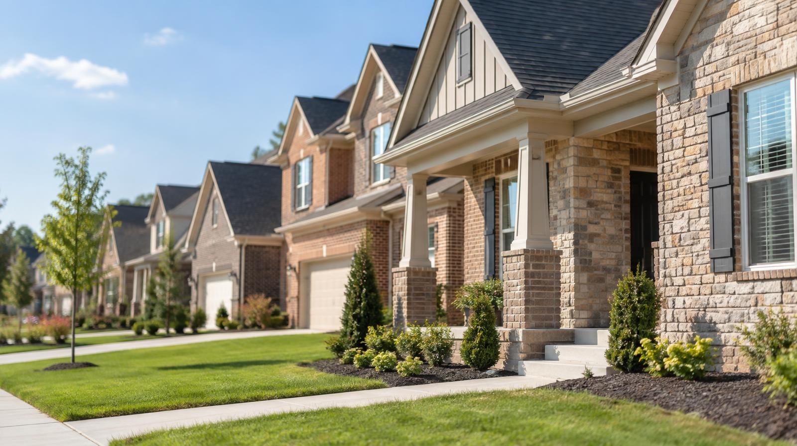 A row of newly built suburban homes with brick facades and manicured front lawns under a blue sky.